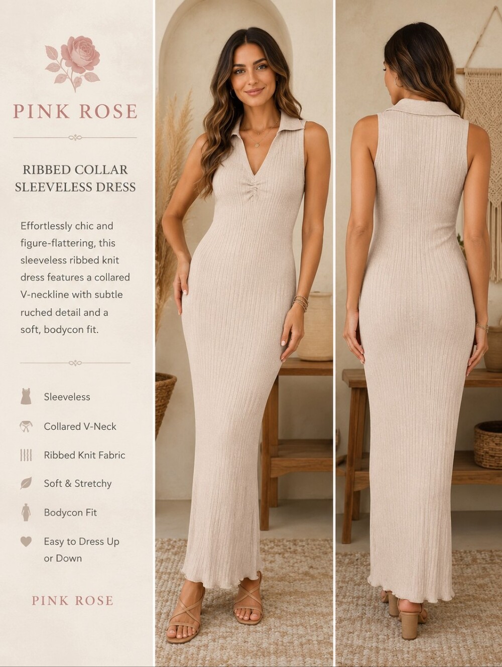 PINK ROSE Ribbed Sleeveless Collared Cream Midi Bodycon Dress Size Medium